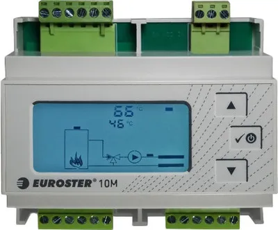 A white electronic device with a blue screen displaying a heating system diagram and temperature readings, mounted on a white surface.