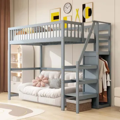 Immagine prodotto di Letti a soppalco AIORBER, 90 x 200 cm, in legno di pino con scala di sicurezza, ripiano e armadio, rete a doghe stabile, 245 x 95 x 179,7 cm, grigio