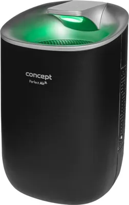 A black air purifier with a green light on top.