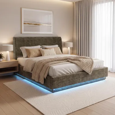 Image de Lit rembourré LED "Tröstiar" avec coffre de rangement, tissu lin, 160 x 200 cm, vert