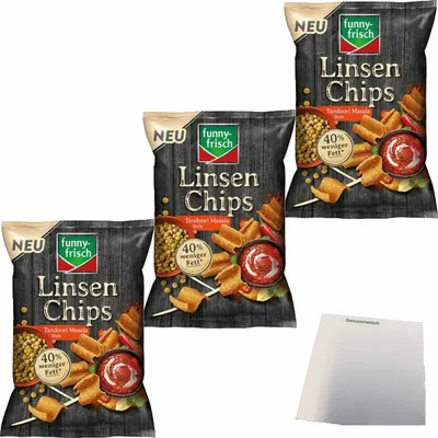 Produktbild von funny frisch Linsenchips Tandoori Masala 3er Pack (3x90g Beutel) + usy Block