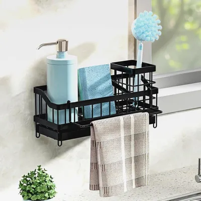 Produktbild von Spülbecken Organizer Küche Schwammhalter,Spülbecken Organizer Hängend mit Spültuchhalter und Klebstoff,Küchen Spüle Organizer für Küche und Badezimmer- Ohne Bohren(Schwarz)