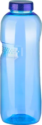 A blue plastic water bottle with a glittery purple cap against a white background.