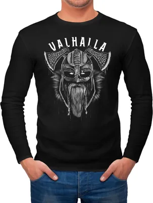 Produktbild von Herren Long-Sleeve Valhalla Wikinger Helm Viking Odin Krieger Printshirt Langarm-Shirt Neverless® schwarz S