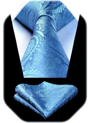 Produktbild von Herren Krawatten und Einstecktuch Set Paisley Einfarbig Babyblau Einheitsgröße