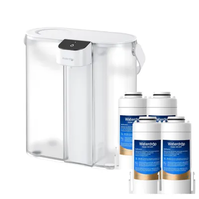 A white electric water filter pitcher with four replacement filters, presented against a white background.