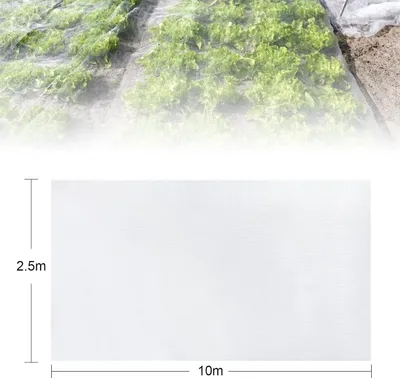 A close-up view of a white insect net covering plants, with a separate diagram showing the dimensions of the net.