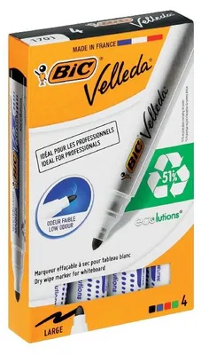 Obrázek produktu pro BIC Velleda Whiteboard Marker 1701, 4 kusů, Černá, Modrá, Zelená, Červená, Kuličkový hrot, Černá, Modrá, Zelená, Červená, Bílá, Plast, Kulatý