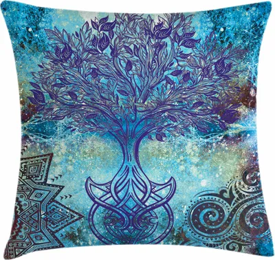 Produktbild von ABAKUHAUS Ethnisch Kissenbezug, Grunge Mandala Baum des Lebens Blätter Keltische Symbole Illustration, 60 x 60 cm, Türkis Brown