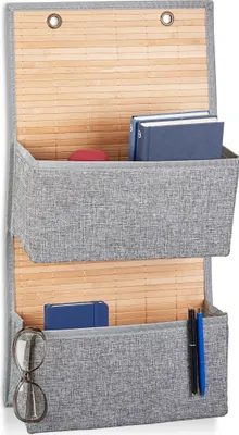 Produktbild von 2 x Hängeaufbewahrung, Bad und Flur, Türorganizer 2 Fächer, Bambus und Stoff, Türgarderobe, HxBxT: 62 x 33 x 12 cm, grau