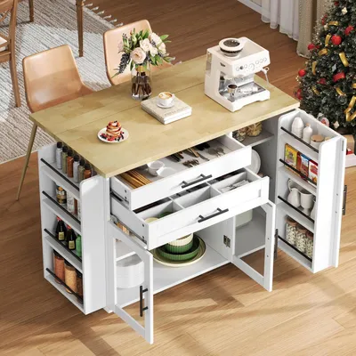 Produktbild von Mobile Kücheninsel mit klappbarer Arbeitsfläche, Küchenwagen mit 5 Rädern, mehreren Aufbewahrungsmöglichkeiten, Gewürzregal und Besteckschublade, 120 x 45 (70) x 90 cm