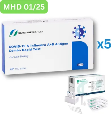 Produktbild von Safecare Corona & Influenza (Grippe) Kombi-Schnelltest | Laien-Selbsttest | 5 Stück MHD 01/25 | ID: 2099 | GRATIS parahealth Tests (5 Stück, MHD 12/25)