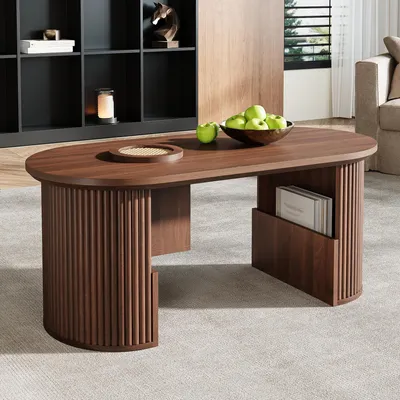Produktbild von Merax Couchtisch in Retro Nussbaum, oval Sofatisch mit Stauraum und vertikale Textur, Ablagefächer und Regale, Wohnzimmer Beistelltisch