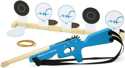 A toy biathlon rifle set with targets and rubber bands.