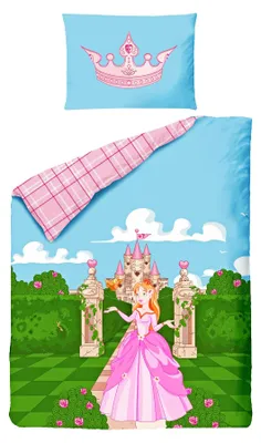 Produktbild von JACK Kinder Renforce Baby Wende Bettwäsche 2 tlg. 100x135cm Prinzessin Rosa Schloss Garten Rosen Kariert