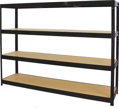 A black metal shelving unit with four wooden shelves, shown against a white background.