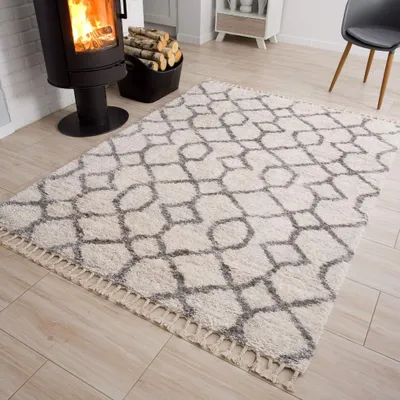 Produktbild von Teppich Wohnzimmer Schlafzimmer Creme Beige Hochflor Langflor Fransen Boho Zig Zag 200 x 300 cm