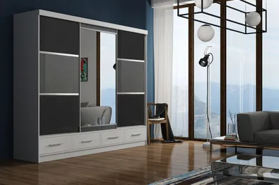 Produktbild von Krudox MARBIS Weiss Kleiderschrank Schiebetüren 250x216x62 cm Spiegel Lacobel Schwarz Grau 3 Kleiderstangen 4 Schubladen