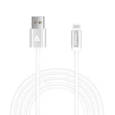 A white USB-A to Lightning charging cable with silver connectors is shown against a white background. The cable is coiled loosely in the lower part of the image.