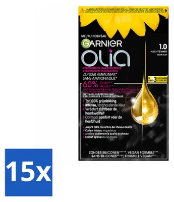 Immagine prodotto di 15 confezioni di Garnier Olia 1, tinta permanente per capelli, colore nero, senza ammoniaca, confezione , 15 pezzi