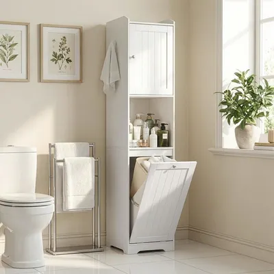 A bathroom scene with a toilet, towel rack, and a tall white cabinet.