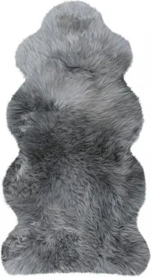A gray sheepskin rug is shown against a white background.