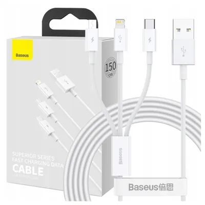 Zdjęcie produktu dla Baseus Superior 3W1 Kabel Usb - Lightning / Usb Typ C / Micro Usb 3,5 A 1,5 M Biały (Camltys-02)