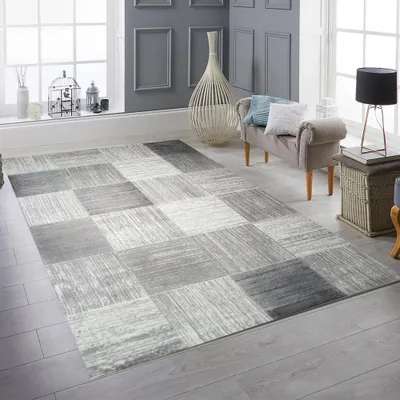 Zdjęcie produktu dla Nowoczesny dywan z krótkim włosiem i wzorem w kratkę w kolorze szaro-beżowym rozmiar - 80 x 300 cm