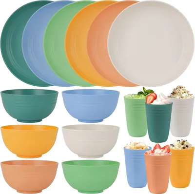 Produktbild von Allecto Premium - Geschirrsets für 4 Personen - 48-teiliges Campinggeschirr-Set - Leicht und farbenfroh - Plastikgeschirr für Picknicks und BBQ - Inklusive Besteckset, Gabeln und Tassen