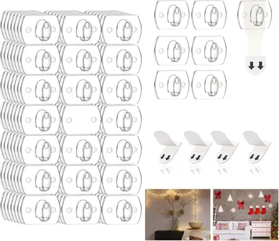 Imagen del producto de Mini clips transparentes para luces, paquete de 7 unidades, con 140 ganchos y 140 tiras adhesivas, ideales para decoración navideña