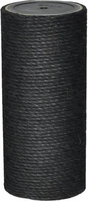 A black sisal scratching post on a white background.