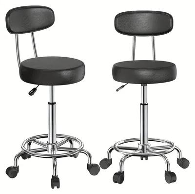Zdjęcie produktu dla Zestaw dwóch taboretów na kółkach - krzesło biurowe, taboret warsztatowy, taboret do salonu, taboret do pracy przy biurku - ergonomiczny, z oparciem