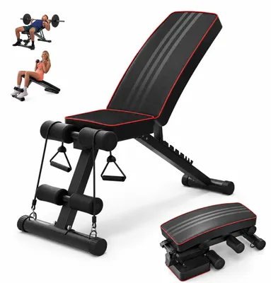 Productafbeelding van Relaxdays Halterbank, geschikt tot 150 kg, opklapbaar, verstelbaar, met 2 elastieken, 4-in-1 trainingsapparaat, fitnessbank voor thuisgebruik, zwart