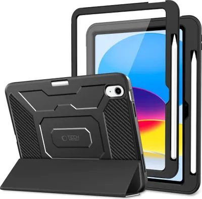 A black protective case for an iPad is shown, with the case open to reveal the iPad screen. An Apple Pencil is also shown attached to the side of the case.