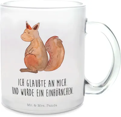 Produktbild von Mr. & Mrs. Panda Teeglas Einhorn Glauben - Transparent - Geschenk, Trinkglas, Unicorn, Einhörnchen, Teetasse, Einhörner, aus Glas, Häferl, Eichhorn, Eichhörnchen