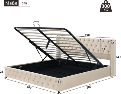 Obrázek produktu pro Sweiko čalouněná postel tvaru ucha dvojitá nýtovaná řada flanel, knoflíkové švy na konci hlavy a nohou, manželská postel 180*200 Hydraulická funkční postel Spodní strana postele je potažena černou netkanou textilií odpuzující nečistoty, béžová barva