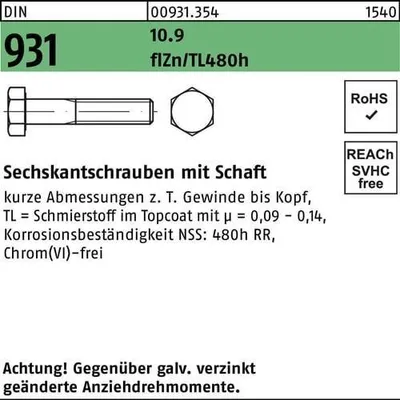 Produktbild von Reyher  Sechskantschrauben DIN 931 10.9 M 24x140 flZn (10 Stück)