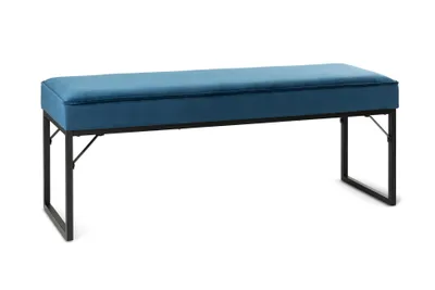 A blue upholstered bench with black metal legs is shown against a white background.