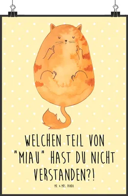 Produktbild von Mr. & Mrs. Panda Bild Katze Mittelfinger DIN A2 - Gelb Pastell - Geschenk, drucke, Plakat, wanddeko, Kunstdruck, Kater, Mietze, Cats, Wandbild, Cat, Katzen