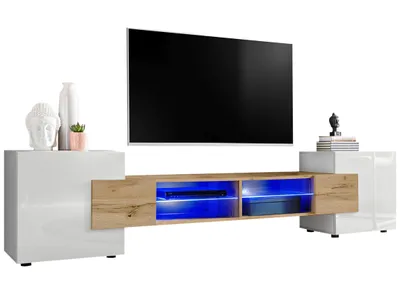 Obrázek produktu pro Extreme Furniture Bridge Tv Skříňka | Skříňka Do Obývacího Pokoje Se 2 Skleněnými Policemi A 2 Dvířky Bílý Korpus A Fronty Wotan