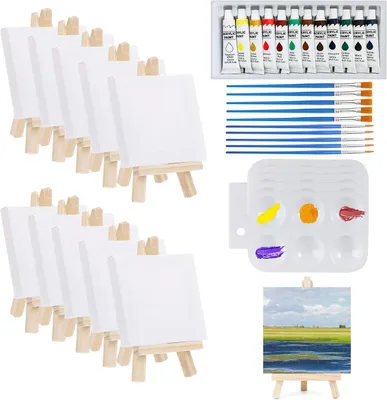Productafbeelding van Mini-canvas met schildersezel - Set van 47 - Tafelezel set - Canvasdoek 10x10 cm met 12 kleurige acrylverven - Penselen