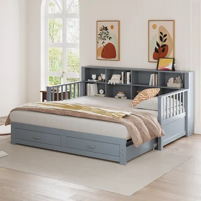 Obrázek produktu pro okwish Rozkládací postel 90/180x190 cm, Dětská postel Manželská postel s výsuvným lůžkem, Multifunkční borovicová postel, Dvojlůžko, se 2 zásuvkami a roštem, Bez matrace, Šedá