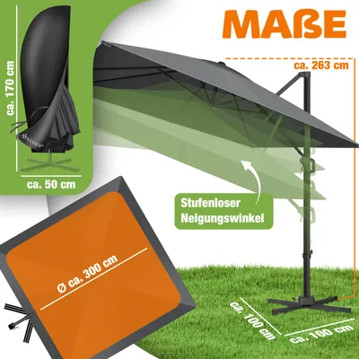 Immagine prodotto di KESSER® Ombrellone da giardino SUN XL, 300x300 cm, girevole e inclinabile a 360°, con copertura inclusa