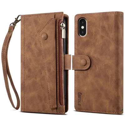 Obrázek produktu pro Ochranné pouzdro pro iPhone X / iPhone XS, kožené pouzdro na zip, skládací peněženka s přihrádkou na karty, stojánek a poutko Hnědý