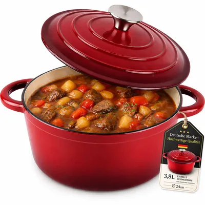 Produktbild von Schmortopf mit Deckel Kochtopf Gusseisen Topf Emailliert Bräter Rot 3,8 Liter