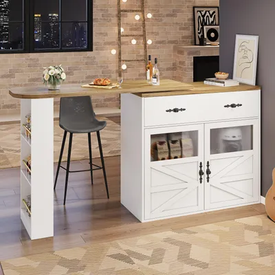 Zdjęcie produktu dla Rozkładany stolik barowy, szerokość od 138 do 204 cm, biały stolik barowy z miejscem do przechowywania, wykonany z MDF, obrotowy o 360 stopni, z szufladą i półkami, wysokość 104 cm