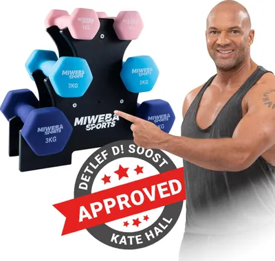 Produktbild von Miweba Sports Hantelset Kurzhanteln | Kurzhantel Set mit Hantelablage - 6-tlg - Kurzhanteln 1 kg Rosa, 2 kg Türkis, 3 kg Königsblau - Neopren Hanteln