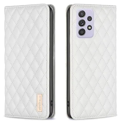 A white quilted flip-style phone case is shown from two angles, open and closed.