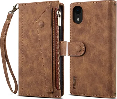 Produktbild von Schutzhülle für iPhone XR Reißverschluss Hülle, Leder Klapphülle Kartenfach Standfunktion Brieftasche mit Trageband Braun