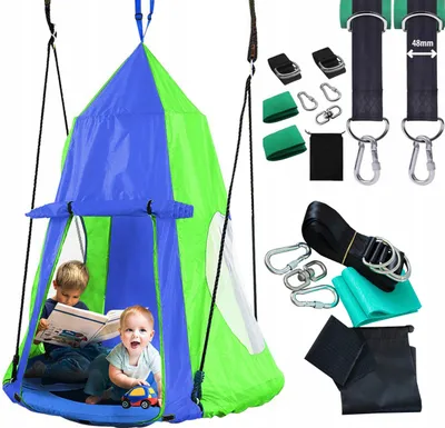 Zdjęcie produktu dla Huśtawka 4iQ bocianie gniazdo, huśtawka ogrodowa namiot 100 cm dla dzieci niebiesko/zielona, ​​plac zabaw + pasy